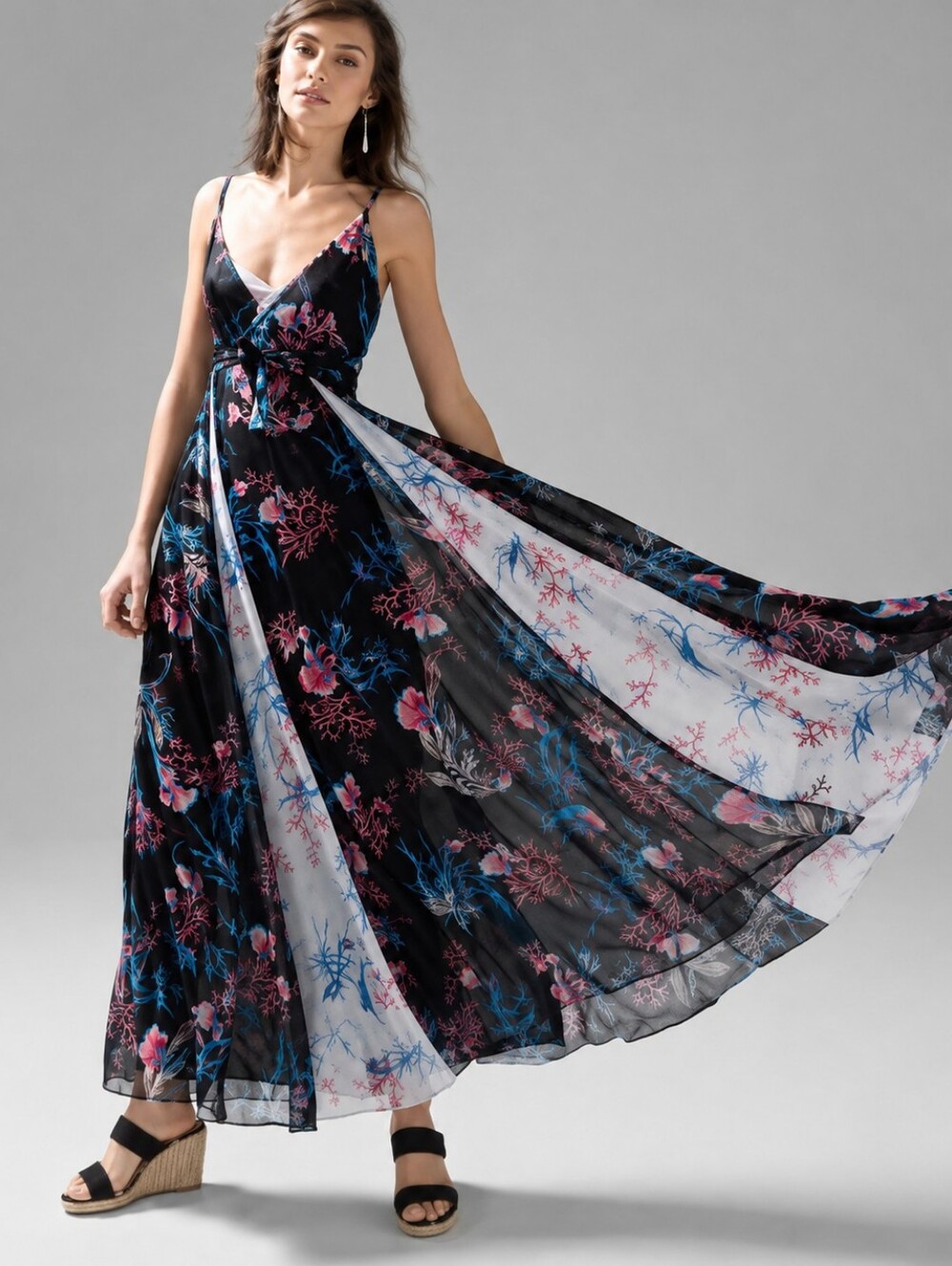 WHBM - Black Floral V-Neck Maxi Dress with Pink & Blue Ocean Accents Sz 8